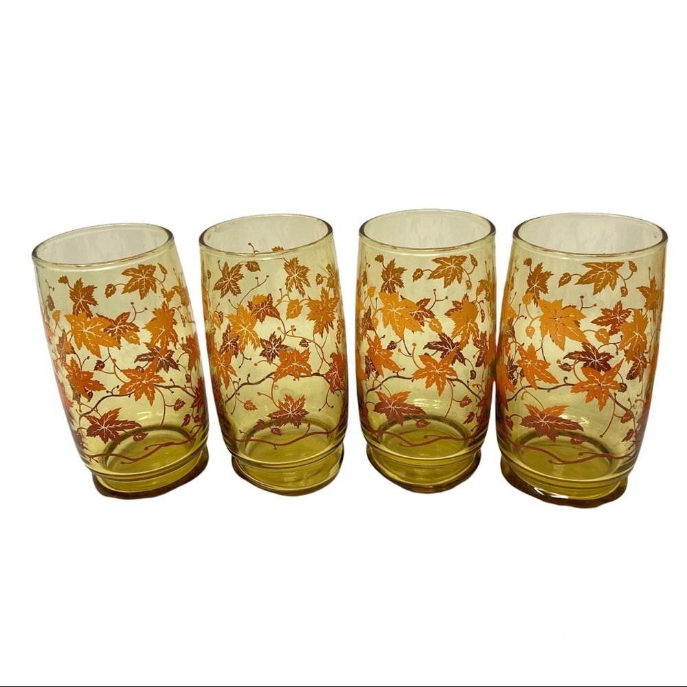 Set of 4 12 Ounce Amber Glass Tumblers Retro Fall Leaf Design Ombre Peach Orange